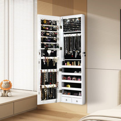 LED Lighted Mirrored Jewelry Cabinet Armoire for Wall or Door Mount – White