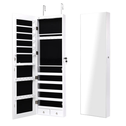LED Lighted Mirrored Jewelry Cabinet Armoire for Wall or Door Mount – White