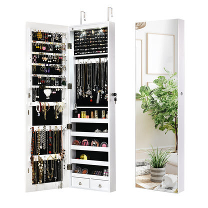 LED Lighted Mirrored Jewelry Cabinet Armoire for Wall or Door Mount – White