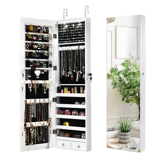 LED Lighted Mirrored Jewelry Cabinet Armoire for Wall or Door Mount – White
