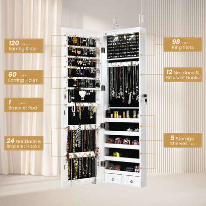 LED Lighted Mirrored Jewelry Cabinet Armoire for Wall or Door Mount – White