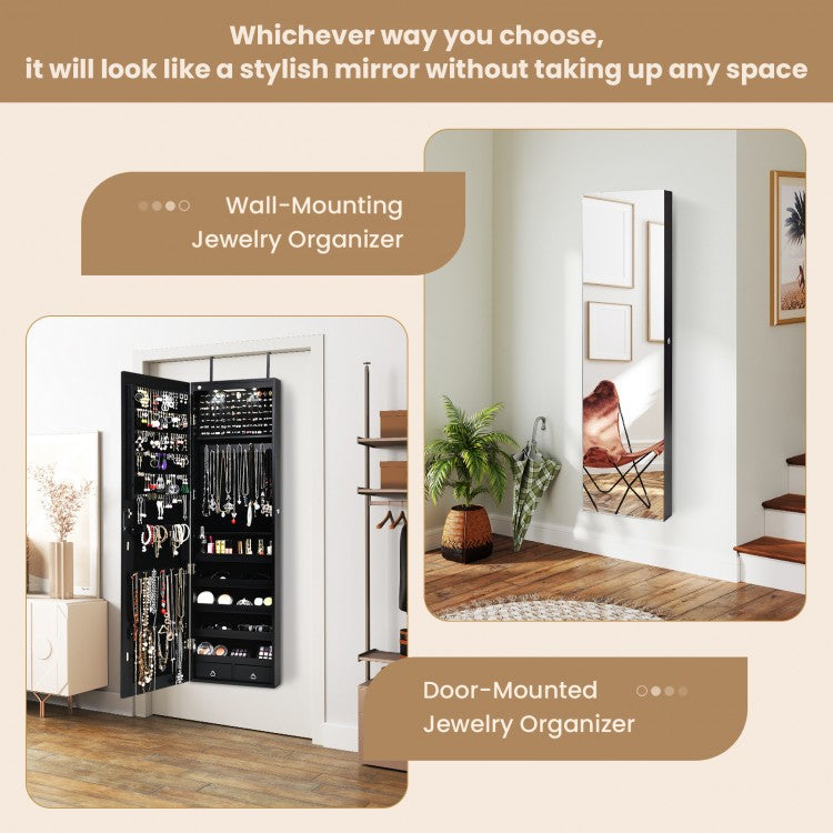 LED Lighted Mirrored Jewelry Cabinet Armoire for Wall or Door Mount – Black
