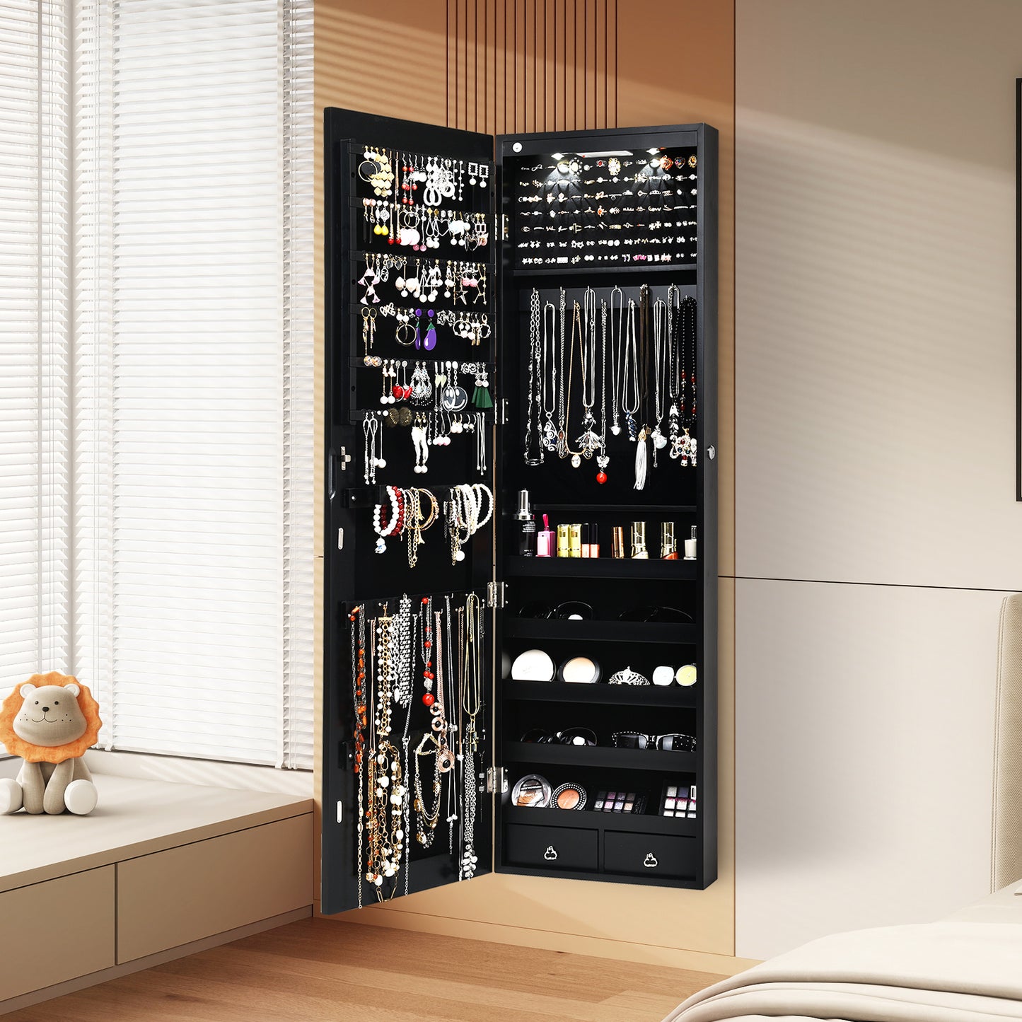 LED Lighted Mirrored Jewelry Cabinet Armoire for Wall or Door Mount – Black