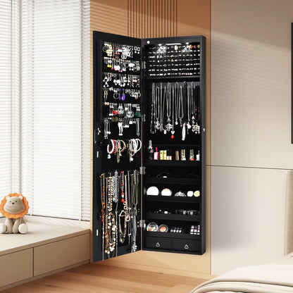 LED Lighted Mirrored Jewelry Cabinet Armoire for Wall or Door Mount – Black