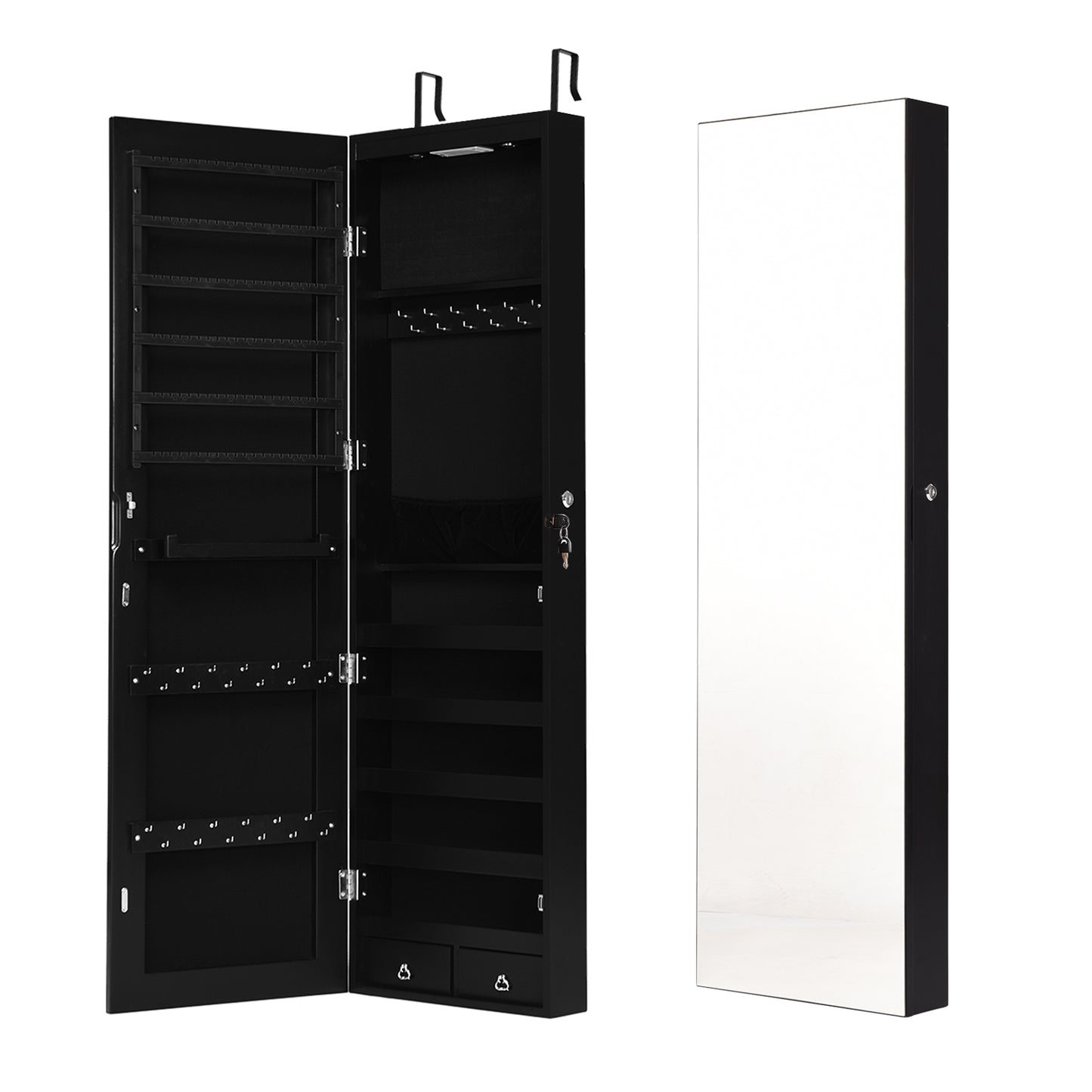 LED Lighted Mirrored Jewelry Cabinet Armoire for Wall or Door Mount – Black