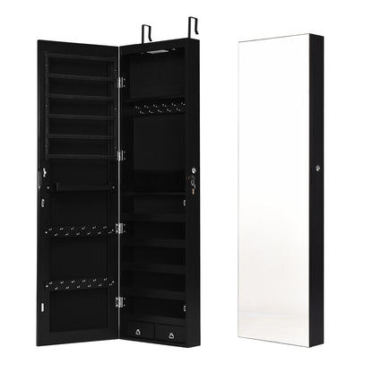 LED Lighted Mirrored Jewelry Cabinet Armoire for Wall or Door Mount – Black