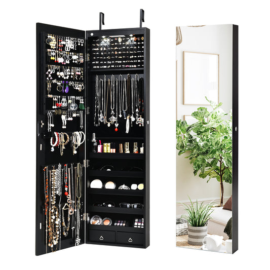 LED Lighted Mirrored Jewelry Cabinet Armoire for Wall or Door Mount – Black