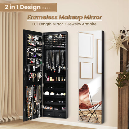 LED Lighted Mirrored Jewelry Cabinet Armoire for Wall or Door Mount – Black