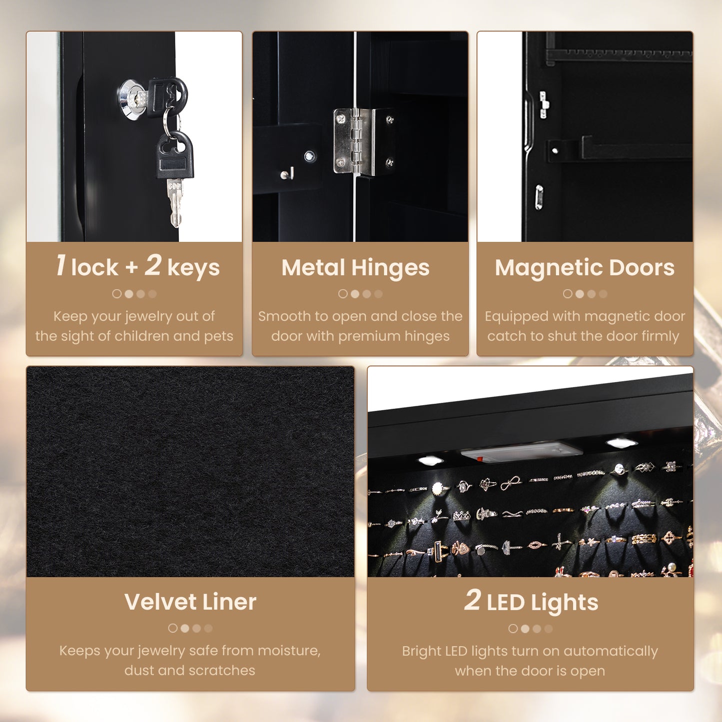 LED Lighted Mirrored Jewelry Cabinet Armoire for Wall or Door Mount – Black