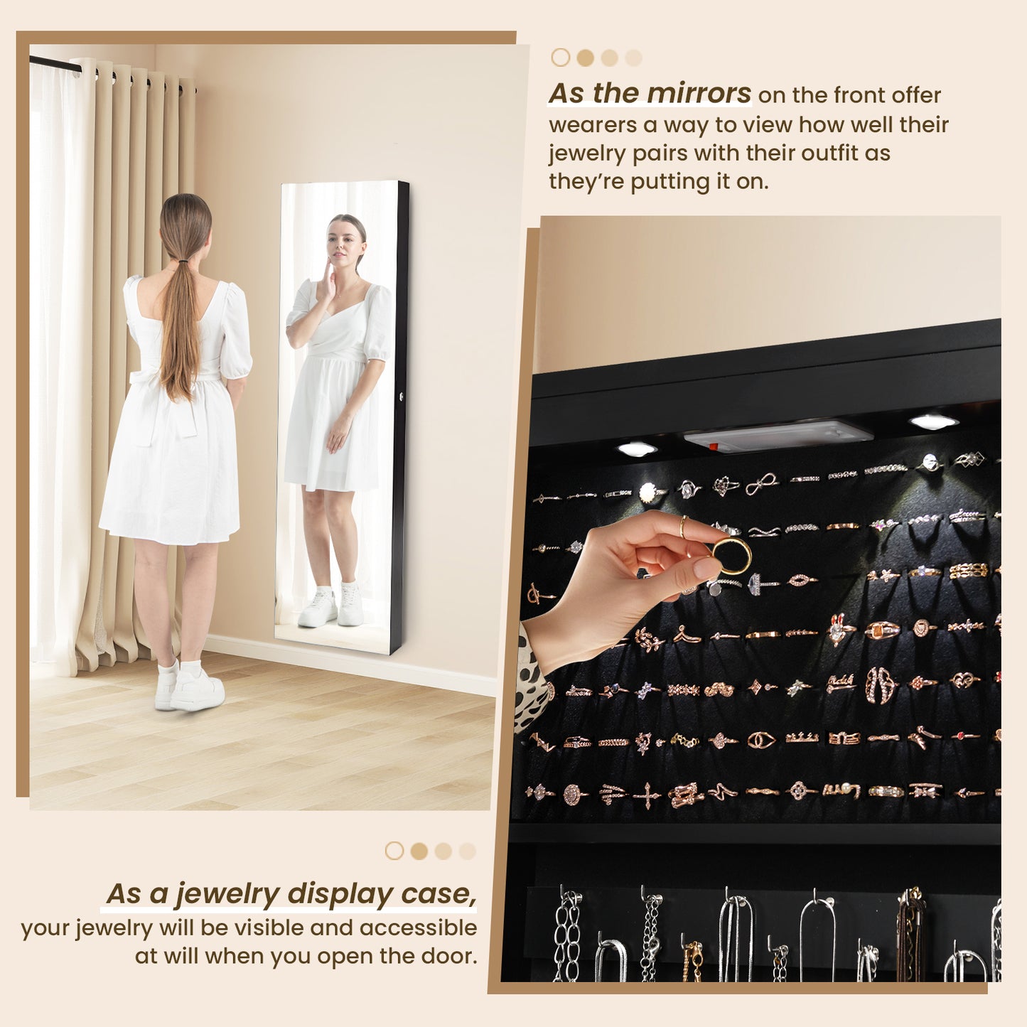 LED Lighted Mirrored Jewelry Cabinet Armoire for Wall or Door Mount – Black