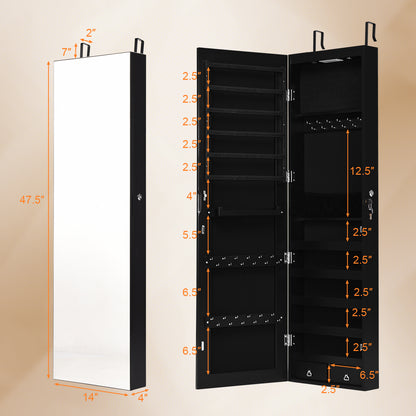 LED Lighted Mirrored Jewelry Cabinet Armoire for Wall or Door Mount – Black