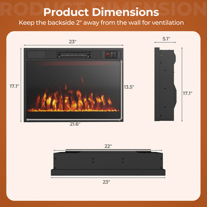 23 Inch Electric Fireplace Heater with Adjustable Flame Color and Brightness – 750W/1500W
