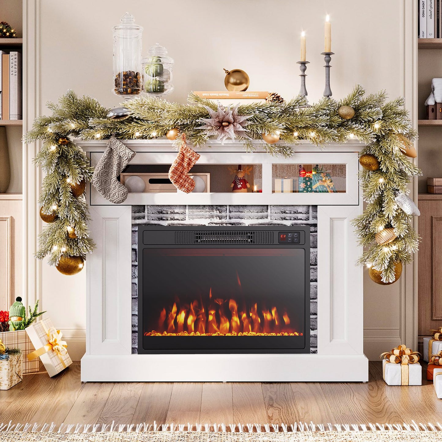 23 Inch Electric Fireplace Heater with Adjustable Flame Color and Brightness – 750W/1500W
