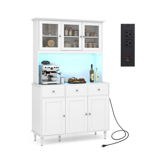 77 Inch Kitchen Pantry Cabinet with LED Lighting and Built-in Charging Station