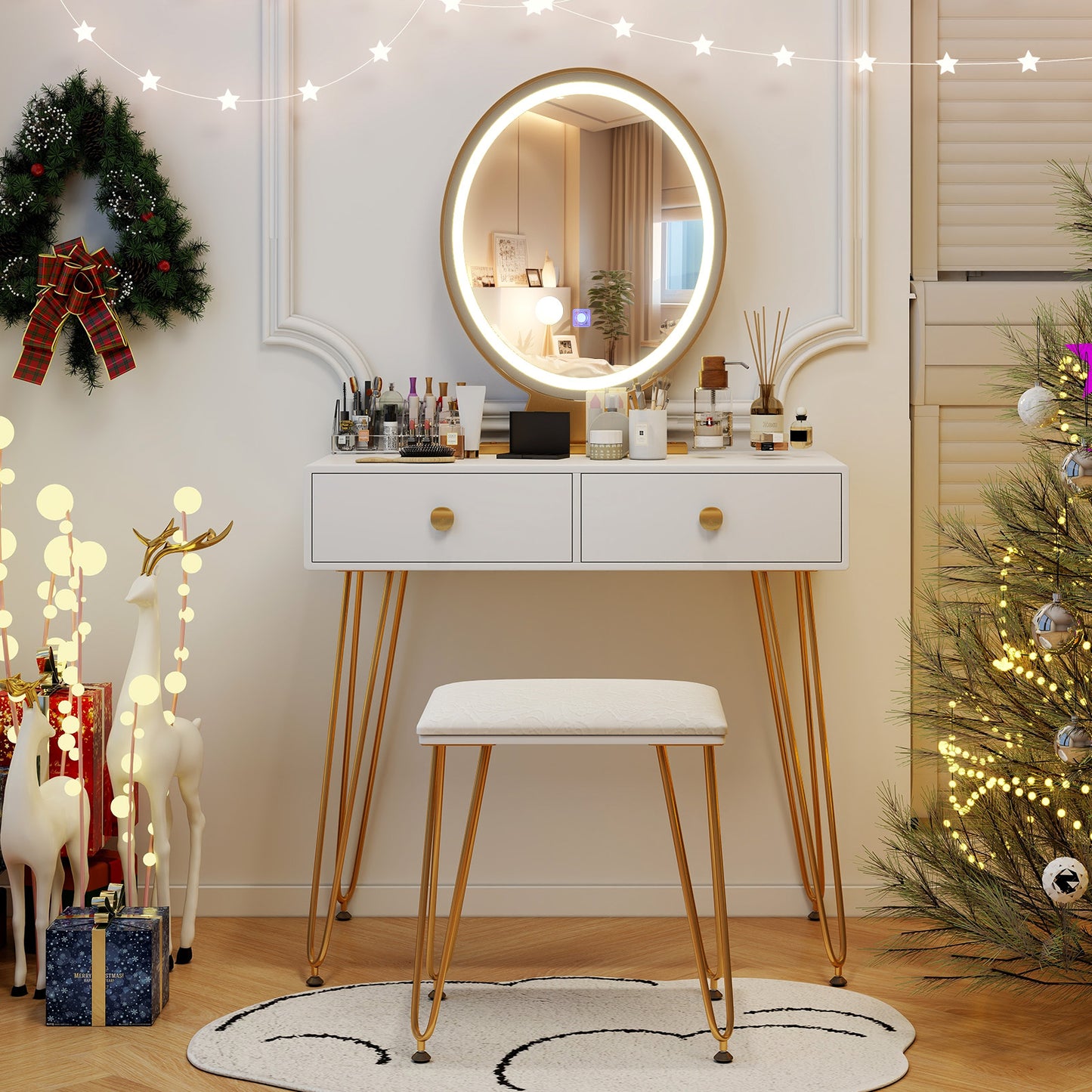 Industrial Vanity Makeup Table with LED Light & 3 Adjustable Color Modes – White