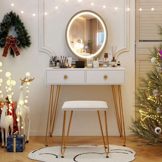 Industrial Vanity Makeup Table with LED Light & 3 Adjustable Color Modes – White