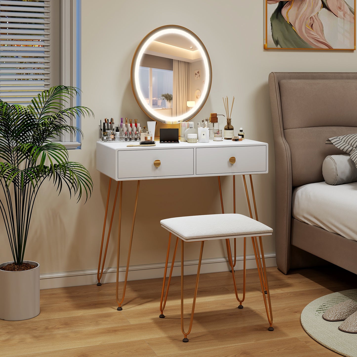 Industrial Vanity Makeup Table with LED Light & 3 Adjustable Color Modes – White