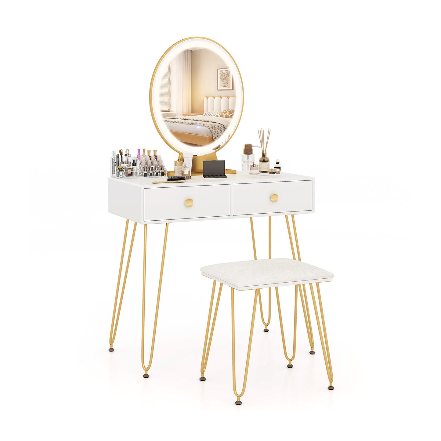 Industrial Vanity Makeup Table with LED Light & 3 Adjustable Color Modes – White
