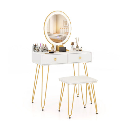 Industrial Vanity Makeup Table with LED Light & 3 Adjustable Color Modes – White