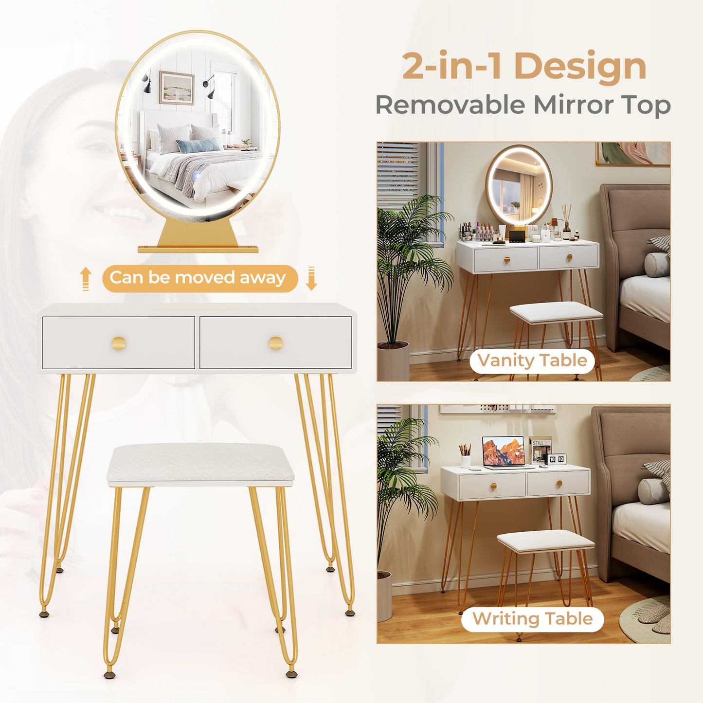 Industrial Vanity Makeup Table with LED Light & 3 Adjustable Color Modes – White