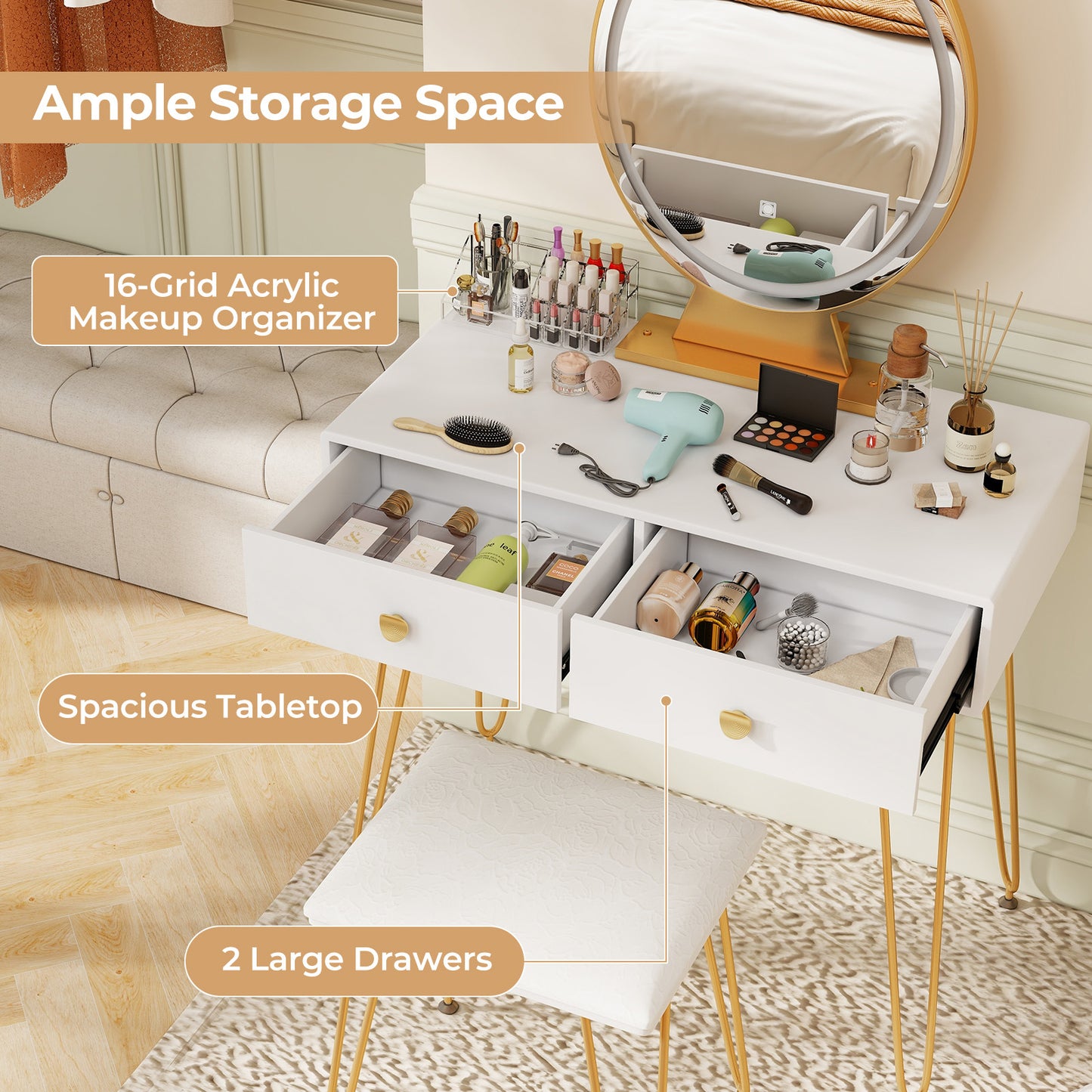 Industrial Vanity Makeup Table with LED Light & 3 Adjustable Color Modes – White