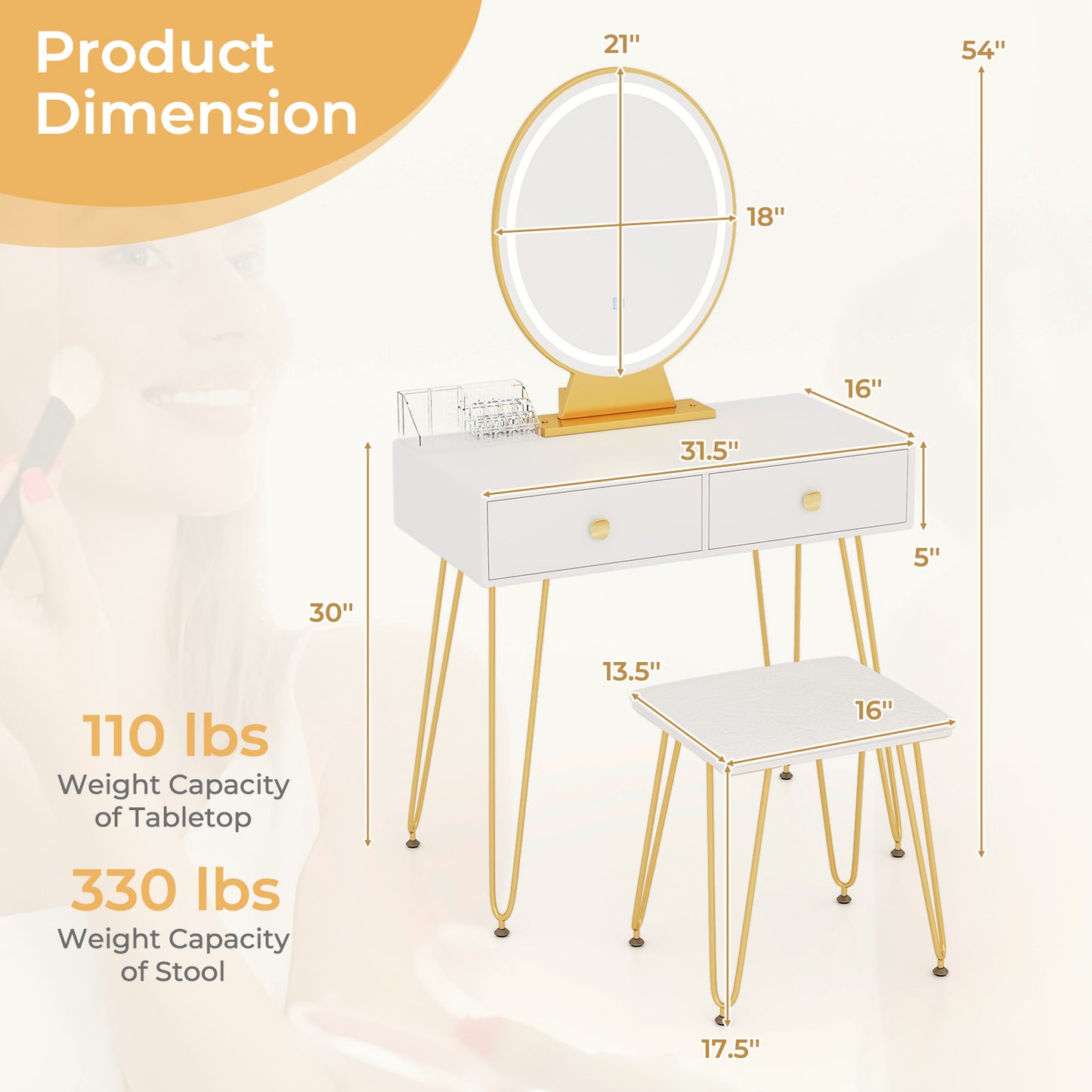 Industrial Vanity Makeup Table with LED Light & 3 Adjustable Color Modes – White