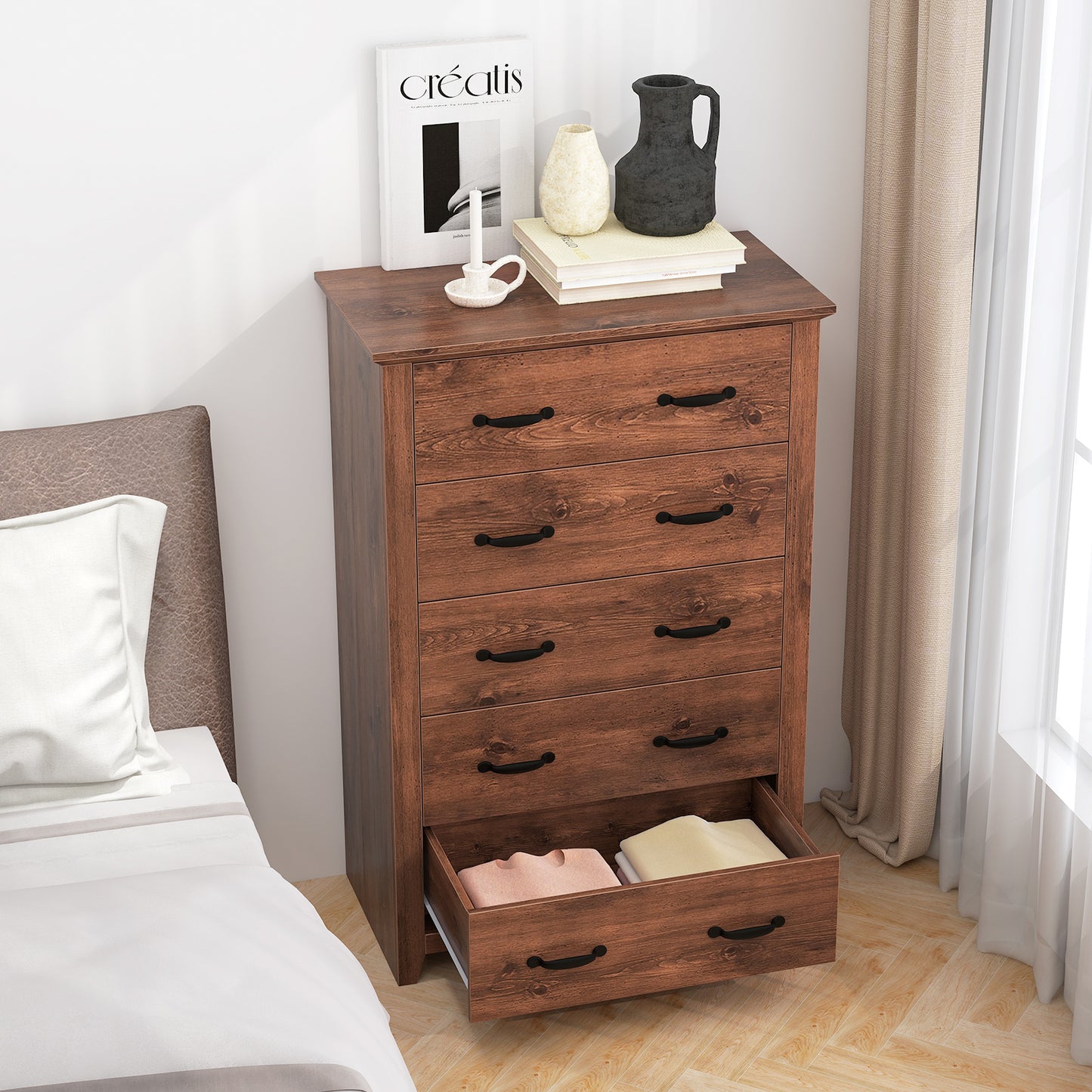 Tall 5-Drawer Dresser with Wood Top, Farmhouse Storage Cabinet for Bedroom or Living Room – Walnut