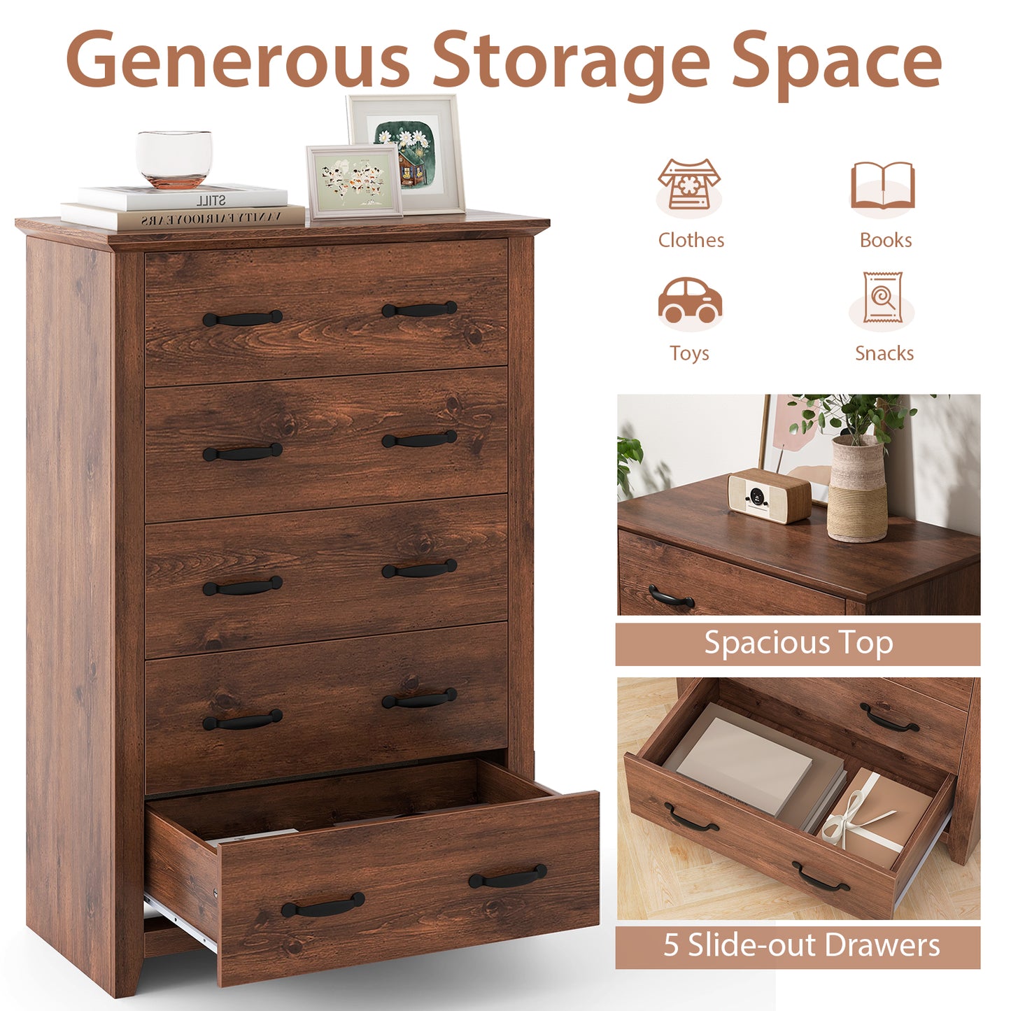 Tall 5-Drawer Dresser with Wood Top, Farmhouse Storage Cabinet for Bedroom or Living Room – Walnut