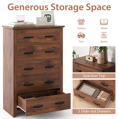 Tall 5-Drawer Dresser with Wood Top, Farmhouse Storage Cabinet for Bedroom or Living Room – Walnut