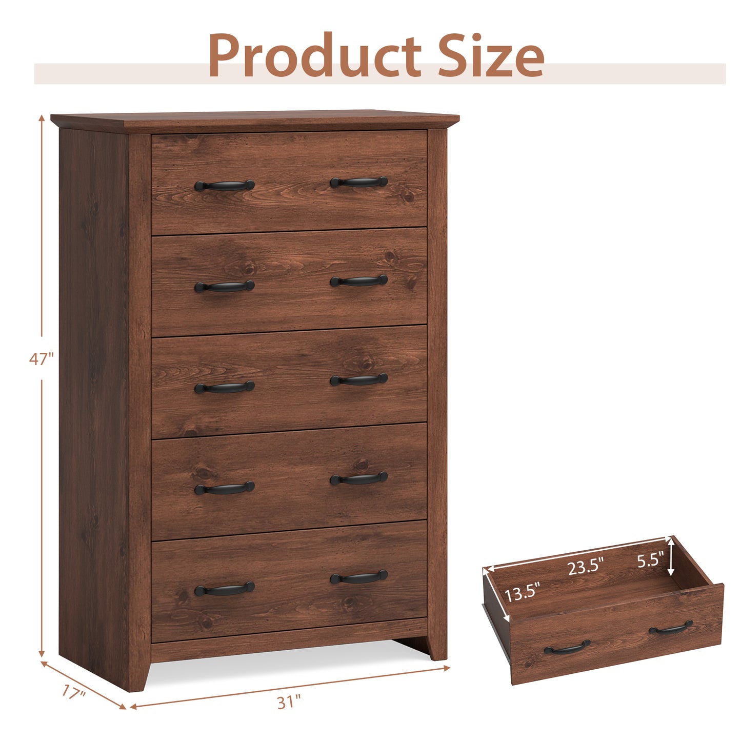 Tall 5-Drawer Dresser with Wood Top, Farmhouse Storage Cabinet for Bedroom or Living Room – Walnut