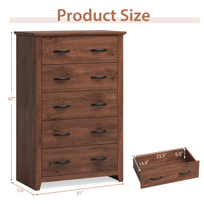 Tall 5-Drawer Dresser with Wood Top, Farmhouse Storage Cabinet for Bedroom or Living Room – Walnut