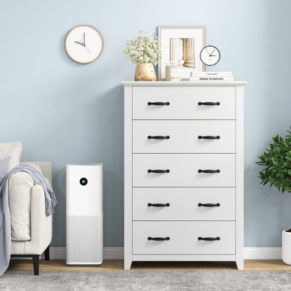 Tall 5-Drawer Dresser with Wood Top, Farmhouse Storage Cabinet for Bedroom or Living Room – White