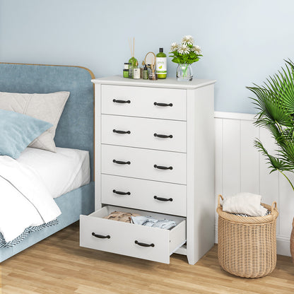 Tall 5-Drawer Dresser with Wood Top, Farmhouse Storage Cabinet for Bedroom or Living Room – White