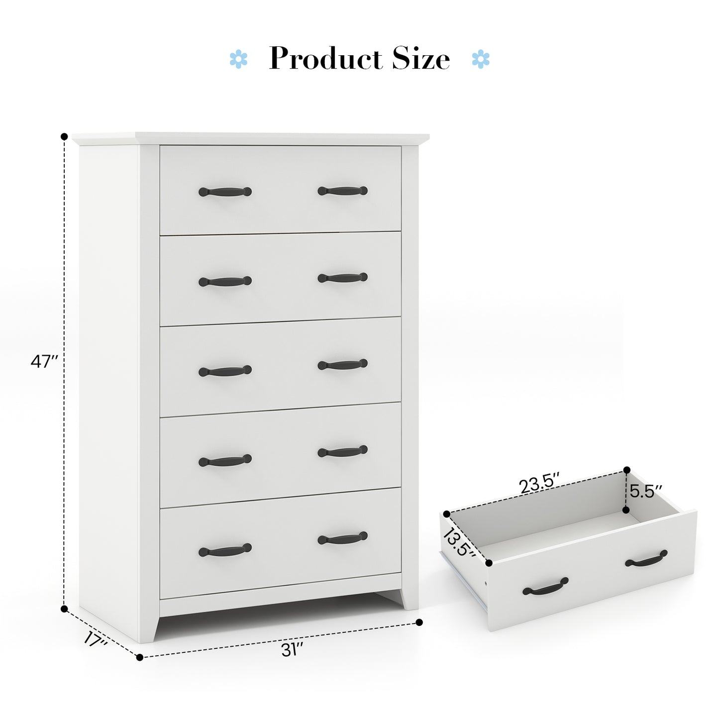 Tall 5-Drawer Dresser with Wood Top, Farmhouse Storage Cabinet for Bedroom or Living Room – White