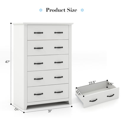 Tall 5-Drawer Dresser with Wood Top, Farmhouse Storage Cabinet for Bedroom or Living Room – White