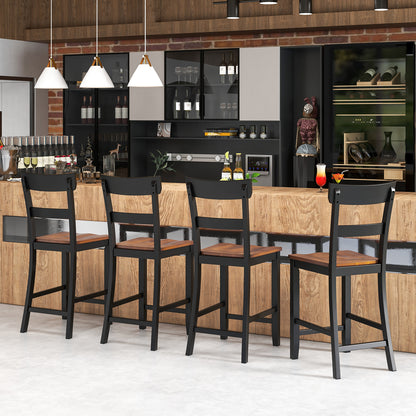 Farmhouse Dining Bar Stool Set of 2 with Solid Rubber Wood Frame - Black