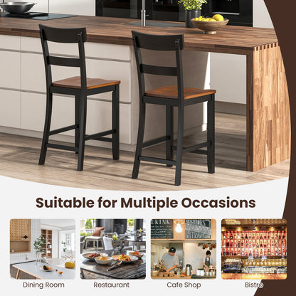 Farmhouse Dining Bar Stool Set of 2 with Solid Rubber Wood Frame - Black