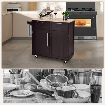 Premium Rolling Kitchen Storage Cart with Tower Holder Drawer and Towel Rack - Brown