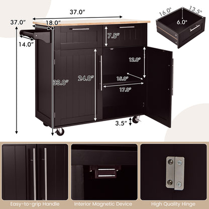 Premium Rolling Kitchen Storage Cart with Tower Holder Drawer and Towel Rack - Brown