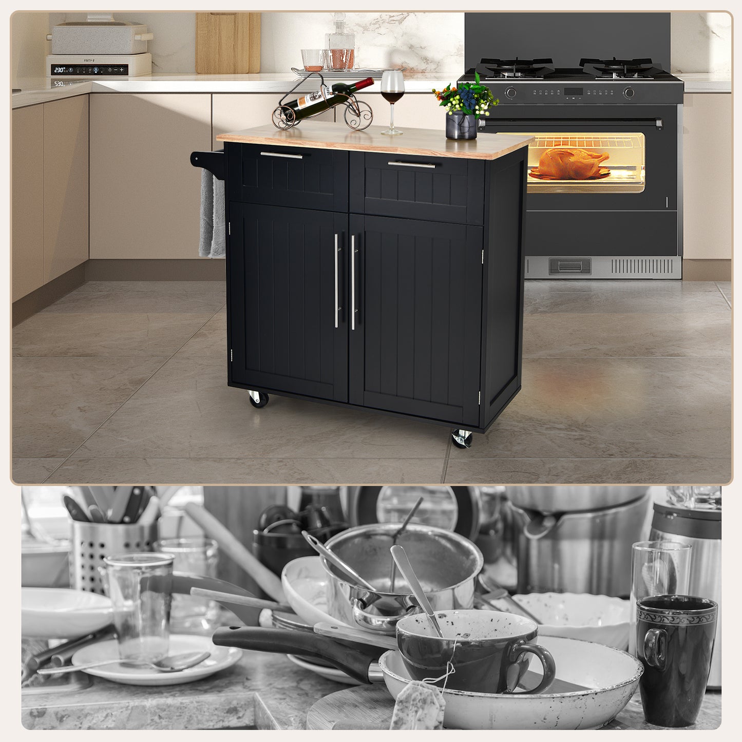 Premium Rolling Kitchen Storage Cart with Tower Holder Drawer and Towel Rack - Black