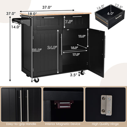 Premium Rolling Kitchen Storage Cart with Tower Holder Drawer and Towel Rack - Black