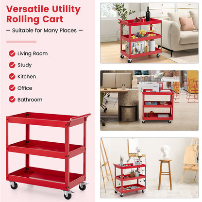 Rolling Utility Cart with 3 Tiers, Metal Frame, Handle and Lockable Wheels - Red