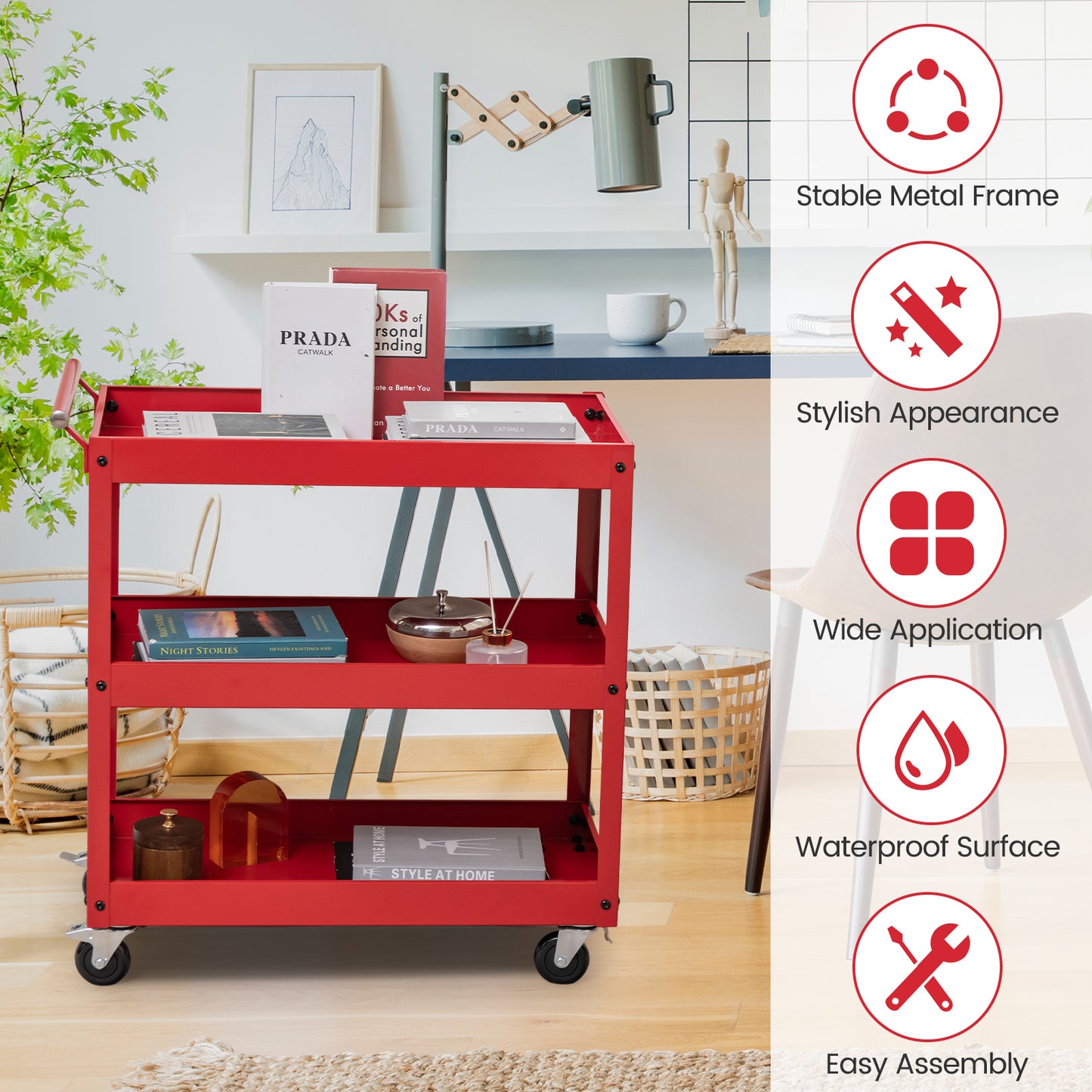 Rolling Utility Cart with 3 Tiers, Metal Frame, Handle and Lockable Wheels - Red