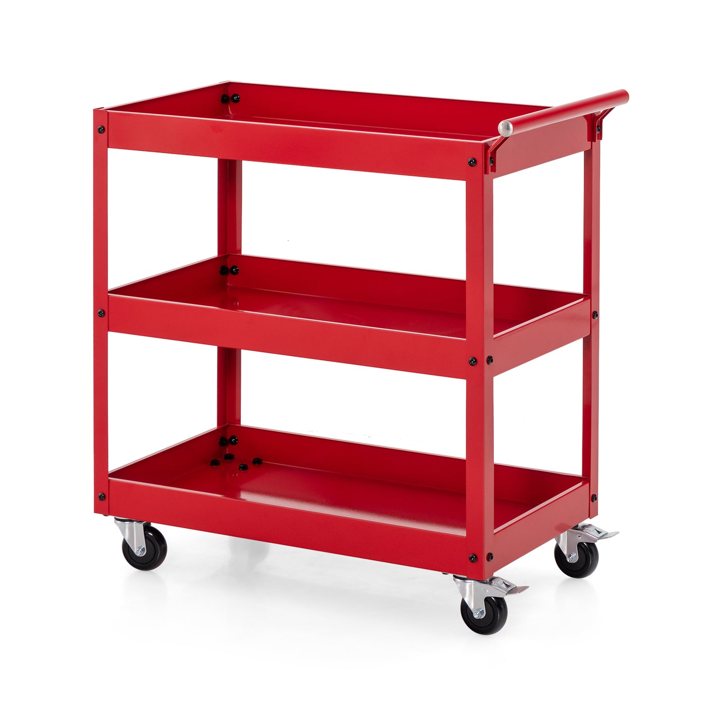 Rolling Utility Cart with 3 Tiers, Metal Frame, Handle and Lockable Wheels - Red