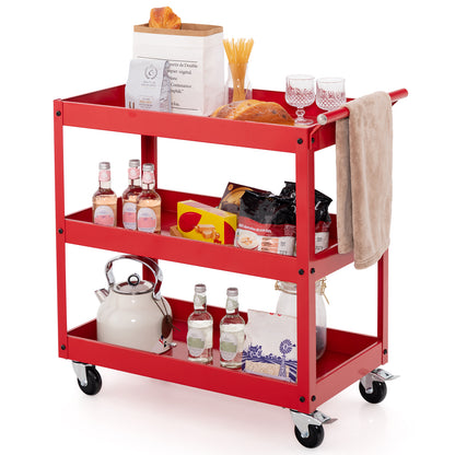 Rolling Utility Cart with 3 Tiers, Metal Frame, Handle and Lockable Wheels - Red