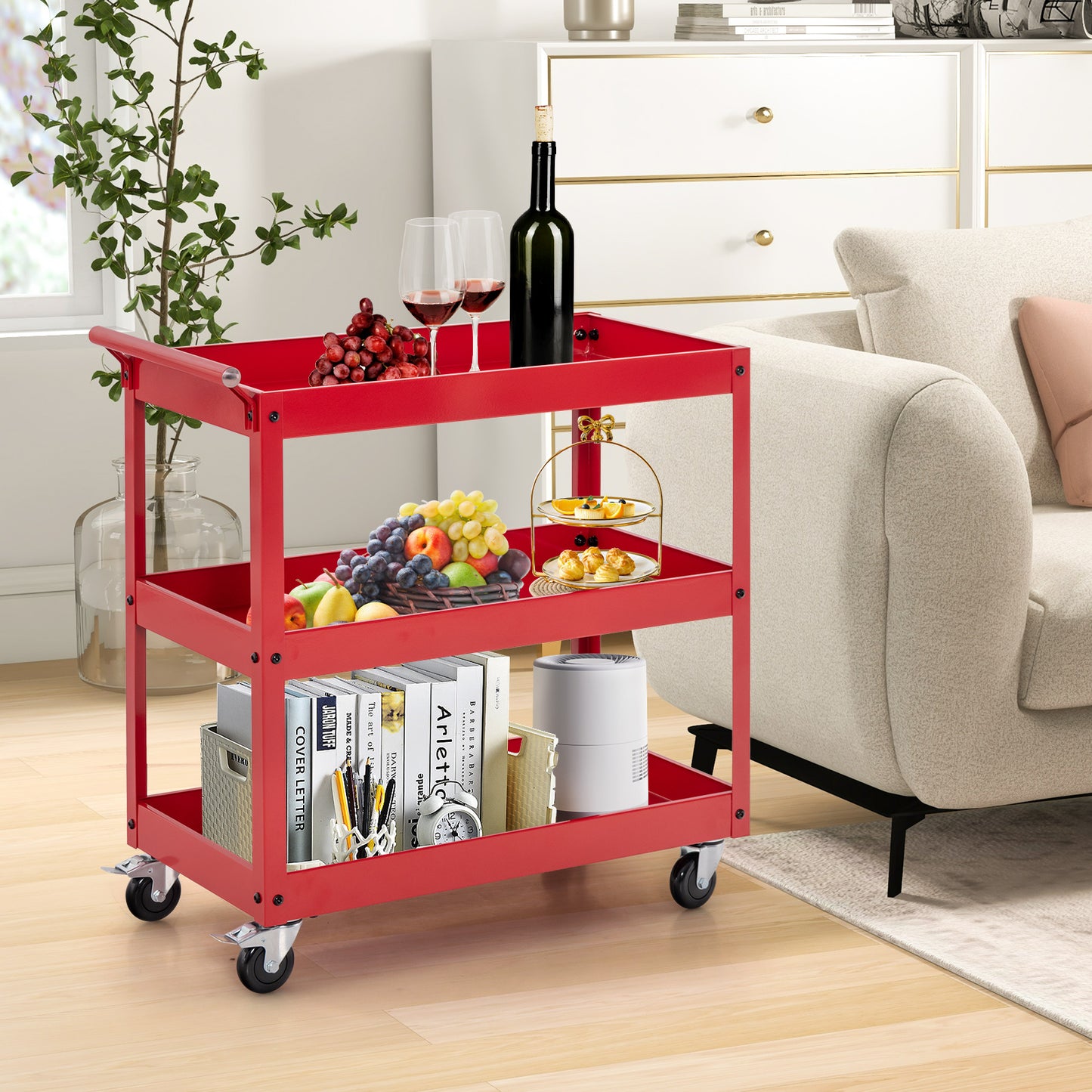 Rolling Utility Cart with 3 Tiers, Metal Frame, Handle and Lockable Wheels - Red