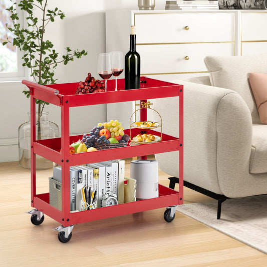 Rolling Utility Cart with 3 Tiers, Metal Frame, Handle and Lockable Wheels - Red