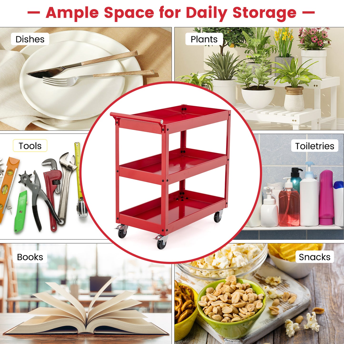 Rolling Utility Cart with 3 Tiers, Metal Frame, Handle and Lockable Wheels - Red