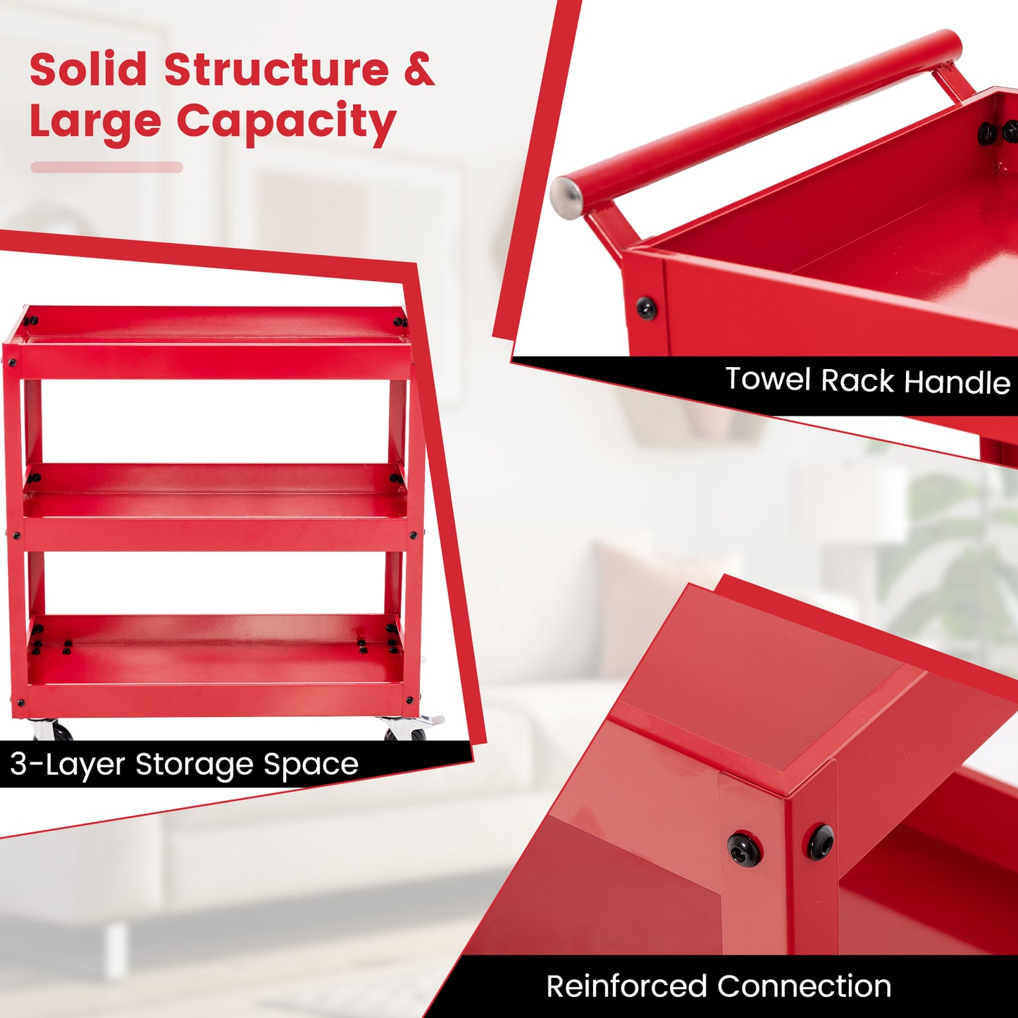 Rolling Utility Cart with 3 Tiers, Metal Frame, Handle and Lockable Wheels - Red