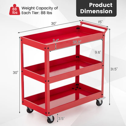 Rolling Utility Cart with 3 Tiers, Metal Frame, Handle and Lockable Wheels - Red